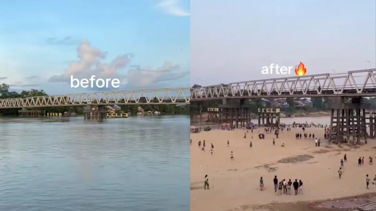 Fenomena air Sungai Melawi di Kalimantan Barat yang surut. (Tiktok/@chocochips)