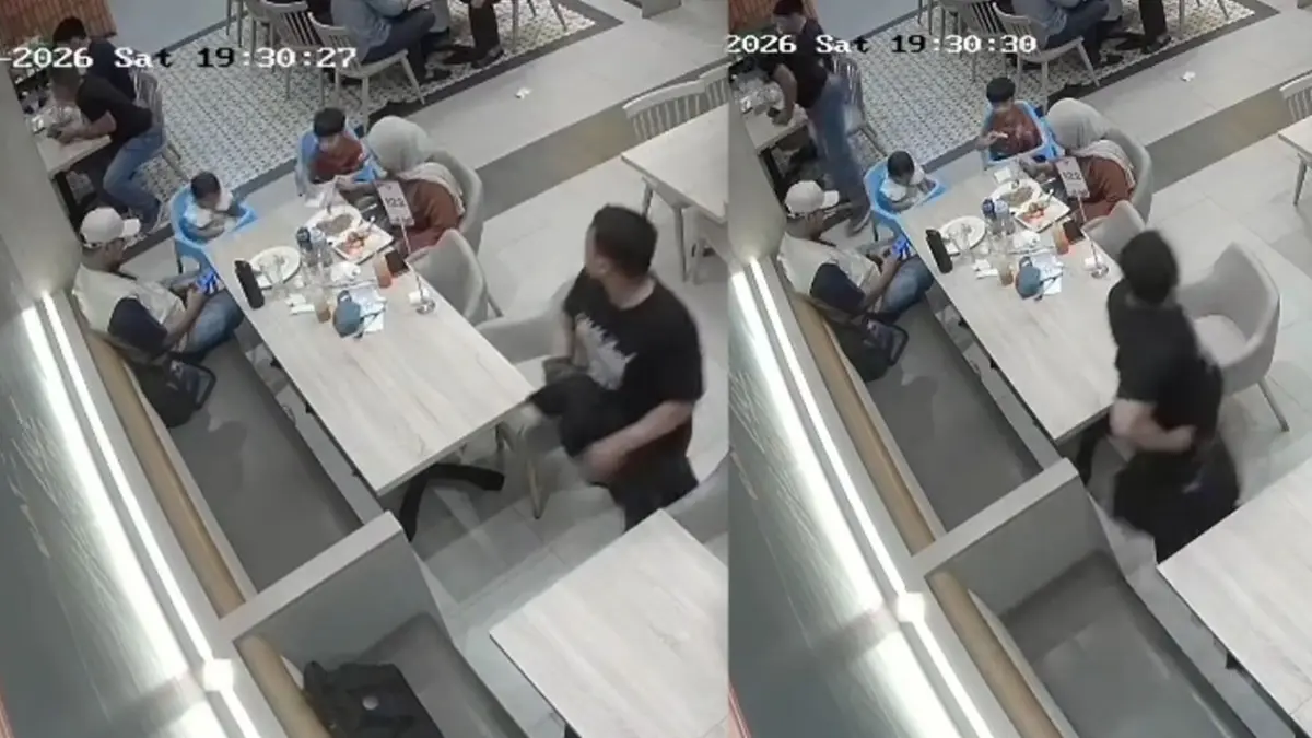 Detik-detik pencurian tas ransel berisi laptop milik pengunjung Solaria Summarecon Mall Bogor raib dicuri seorang pria berbaju hitam saat ditiggal membayar di kasir. (Sumber: Threads/copet_solaria_summarecon_bogor)