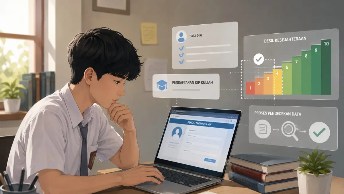 Ilustrasi siswa SMA yang sedang mendaftar KIP untuk kuliah. (Foto: AI)
