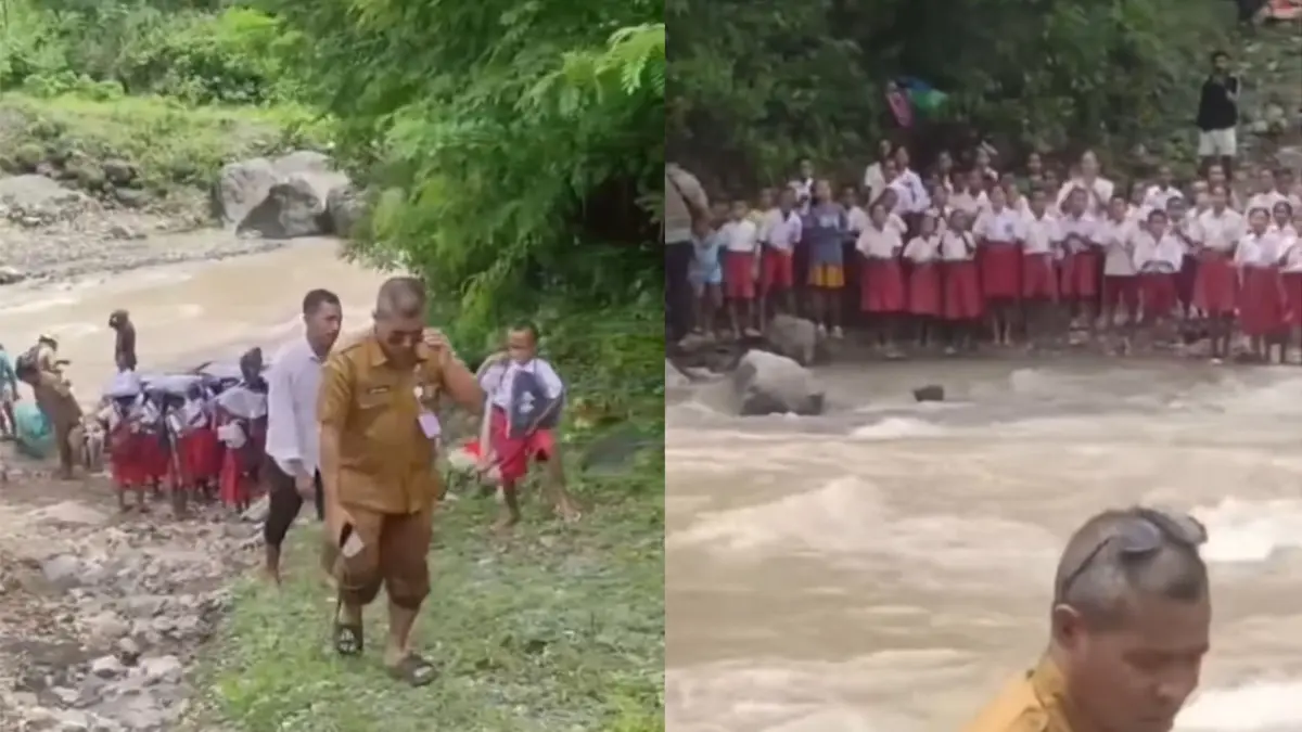 Murid-murid SDN Oelfab menyemangati Kadisdik TTU menyeberangi sungai. (IG/@melkytamelab)
