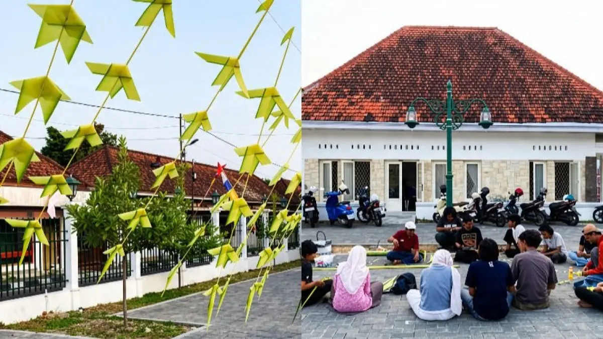 Anggota tim FKY 2026 membuat anyaman janur saat workshop persiapan di Sleman. 
Dok: Story Panitia FKY