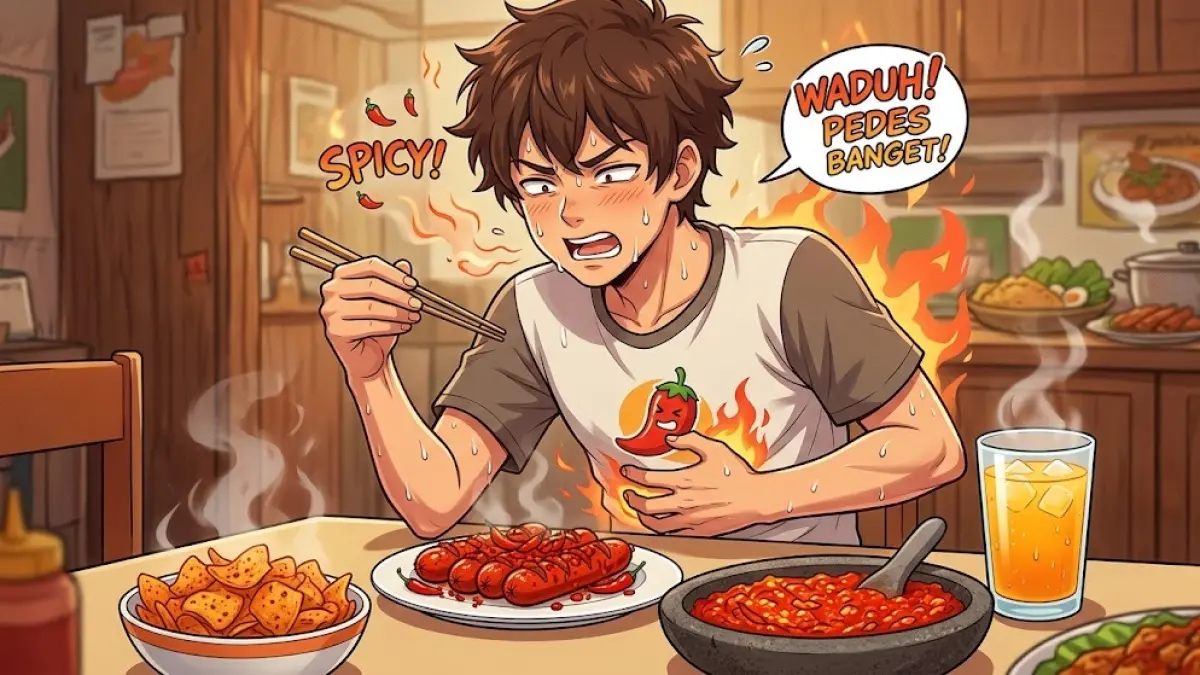 Ilustrasi makan makanan pedas yang menyebabkan sensasi panas dan perut terbakar. (AI Generated)