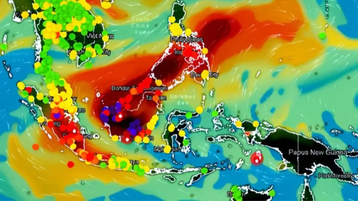 Peta kualitas udara IQAir per 3 September 2026. Warna merah-ungu di Kalimantan dan Sumatera menandakan polusi kategori "Berbahaya" akibat karhutla.
Dok: IQAir.com