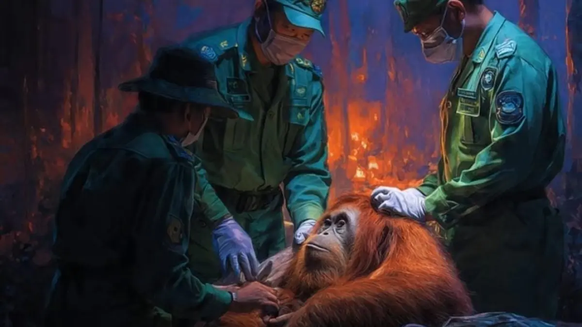Terjebak Karhutla, Induk dan Anak Orangutan Diselamatkan BKSDA Kalteng. (AI Image Generator) 