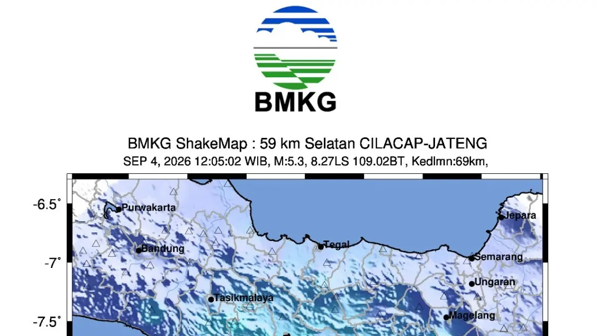 Peta guncangan gempa tektonik dengan maginitudo 5,3 - Dokumentasi BMKG