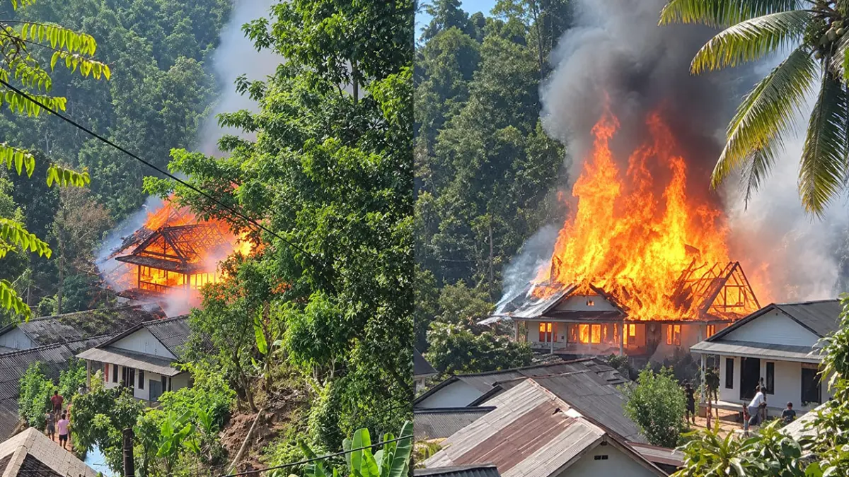 Api Melahap Satu Buah Rumah di Kawasan Kampung Adat Kasepuhan Sinar Resmi, Desa Sirnaresmi, Cisolok, Sukabumi, pada Senin (7/9/2026). (Dok Threads @kozaoza25)