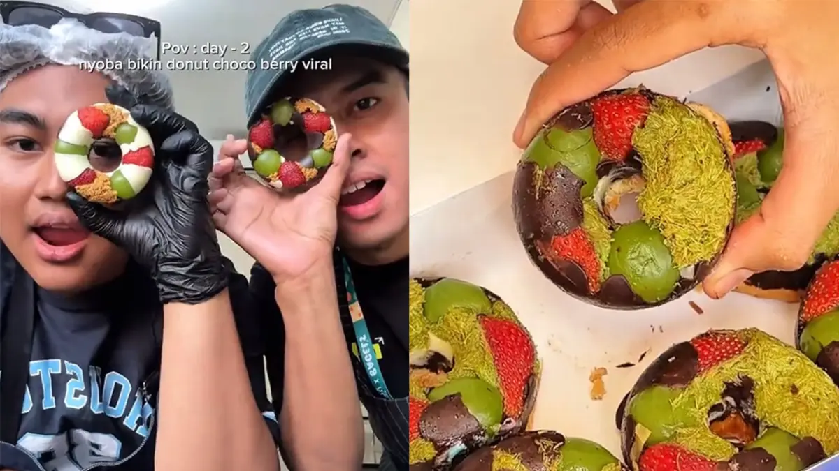 Donat Coberry, jajanan viral yang banyak diburu anak muda. (Kolase TikTok @maniswara__ dan @muaramine)