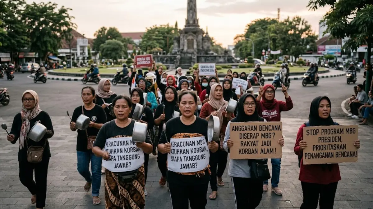 Ilustrasi ibu-ibu bawa panci suarakan keresahan mulai dari MBG hingga penanganan bencana alam yang belum optimal. (AI Generated)