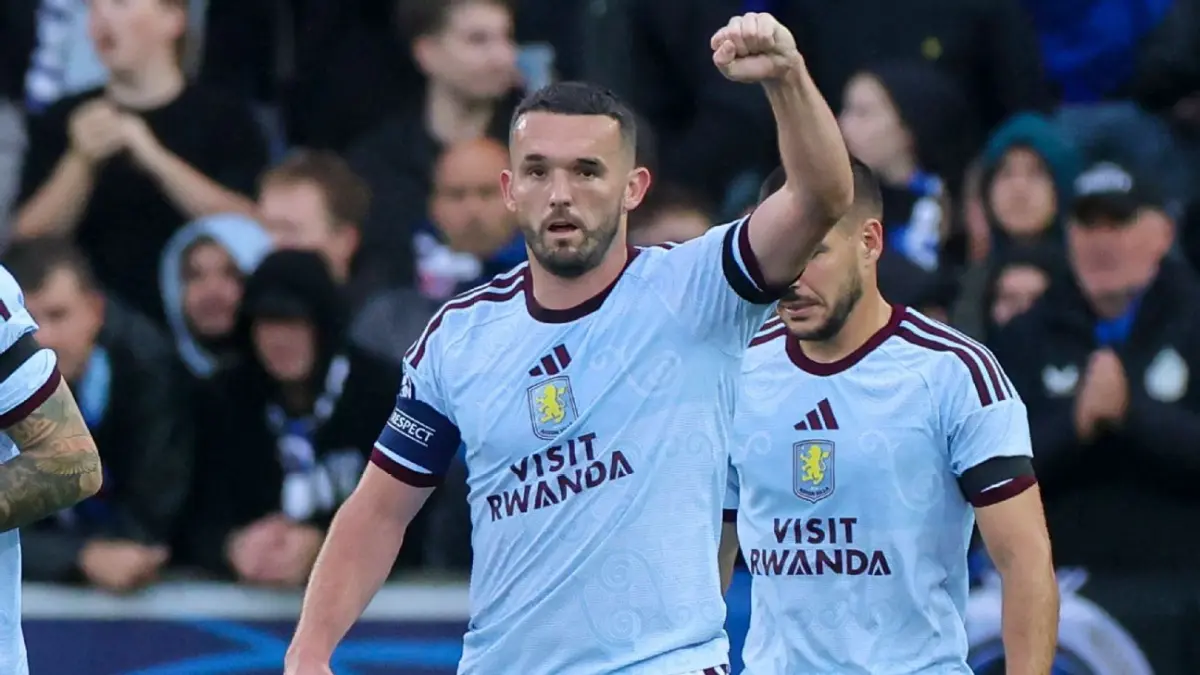 Selebrasi John McGinn setelah mencetak gol dalam kemenangan Aston Villa atas Club Brugge di Liga Champions.