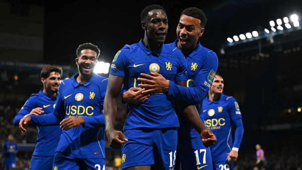 Para pemain Chelsea rayakan kemenangan atas Leeds United di putaran ketiga Carabao Cup.