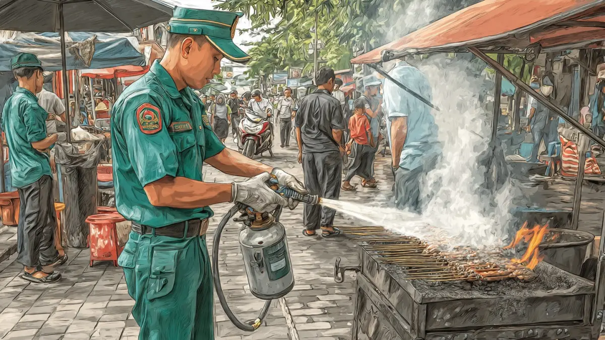 Petugas Jogomaton menyiram air ke arang pembakaran sate hingga padam di kawasan pedestrian Malioboro, Yogyakarta. ( AI)