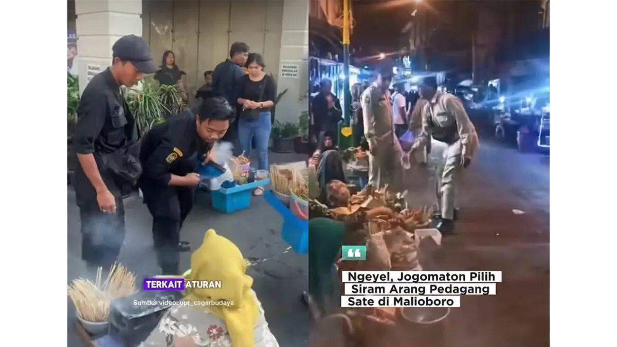 Petugas Jogomaton siram air arang penjual sate yang nekat jualan di pedestrian. (Kolase Instagram @wisatamalioboro dan @humasjogja)