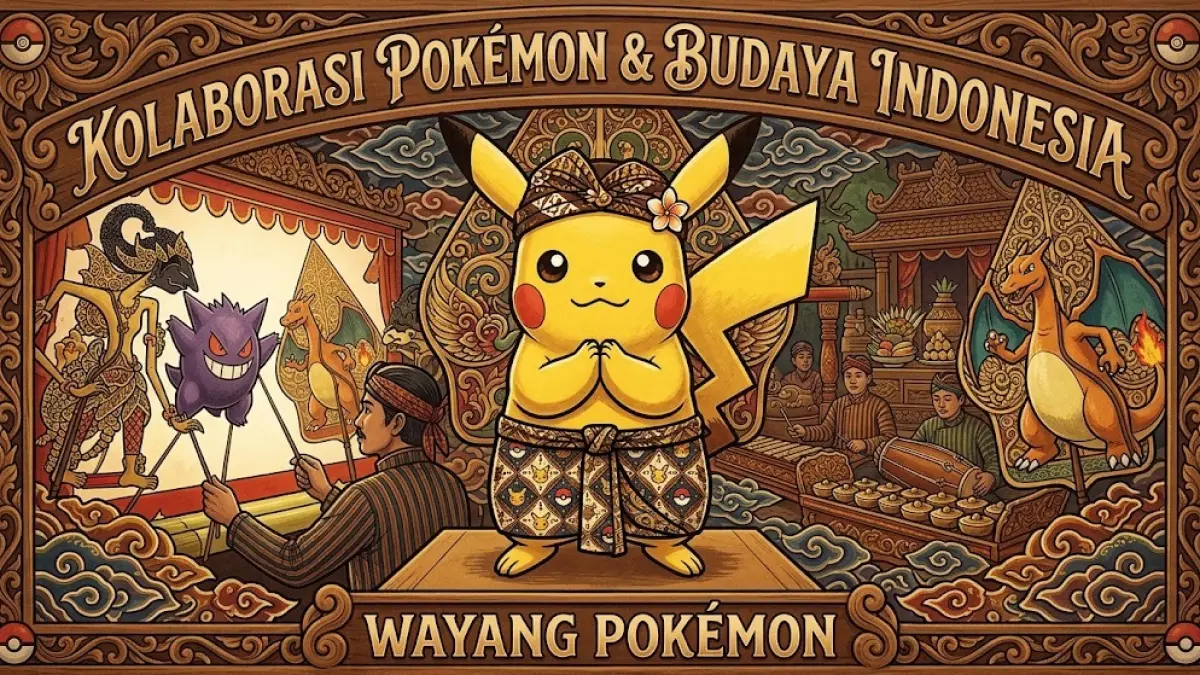 Pikachu mengenakan batik dan berada dalam nuansa pertunjukan wayang sebagai gambaran kolaborasi Pokémon dengan budaya Indonesia. (AI Image Generator)