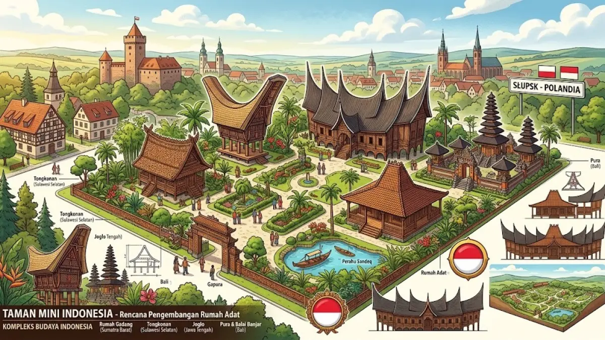 Ilustrasi AI rumah adat Indonesia dalam rencana pengembangan Taman Mini Indonesia di Slupsk, Polandia.