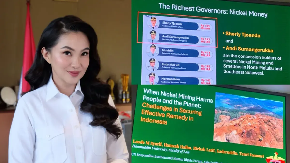 Gubernur Maluku Utara Sherly Tjoanda dan slide presentasi bertajuk "The Richest Governors: Nickel Money" dipaparkan dalam forum Responsible Business and Human Rights Forum, Asia-Pacific di Bangkok, Thailand (14–17 September 2026).  (Kolase IG/Sherly Tjoanda dan  X/@zalkad)