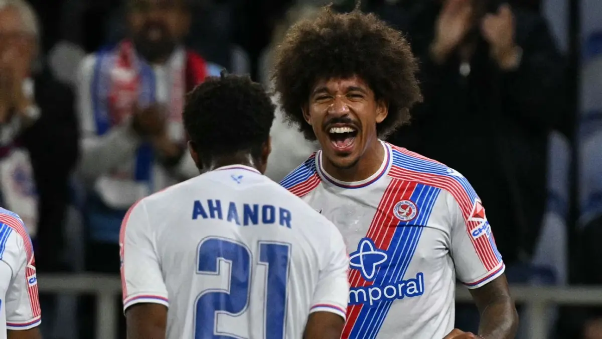 Selebrasi pemain Crystal Palace dalam kemenangan atas Lech Poznan di Liga Eropa.