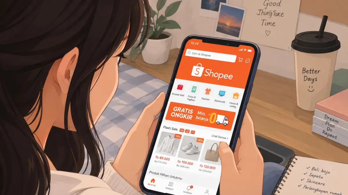 Anak muda melihat-lihat produk melalui aplikasi Shopee di telepon seluler. Sumber foto: AI Image