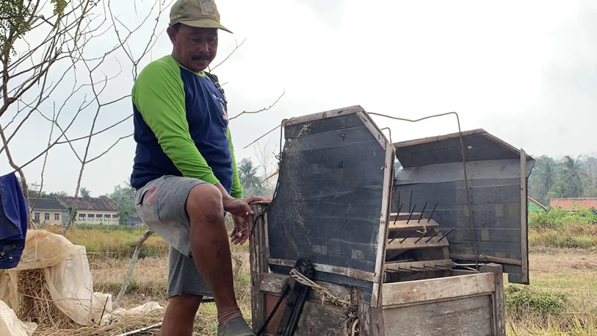 BERFUNGSI: Untung mencontohkan cara menggunakan erek perontok padi yang telah berumur puluhan tahun. Anom Bagaskoro/Radar Jogja