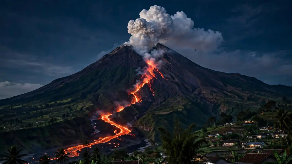 Ilustrasi guguran lava pijar Gunung Merapi yang meluncur hingga 2.000 meter ke arah barat daya pada 18 September 2026. Status Merapi masih Level III Siaga. (Ilustrasi: AI/ BPPTKG)