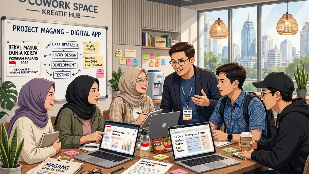 Ilustrasi anak muda mengikuti program magang sebagai bekal memasuki dunia kerja.