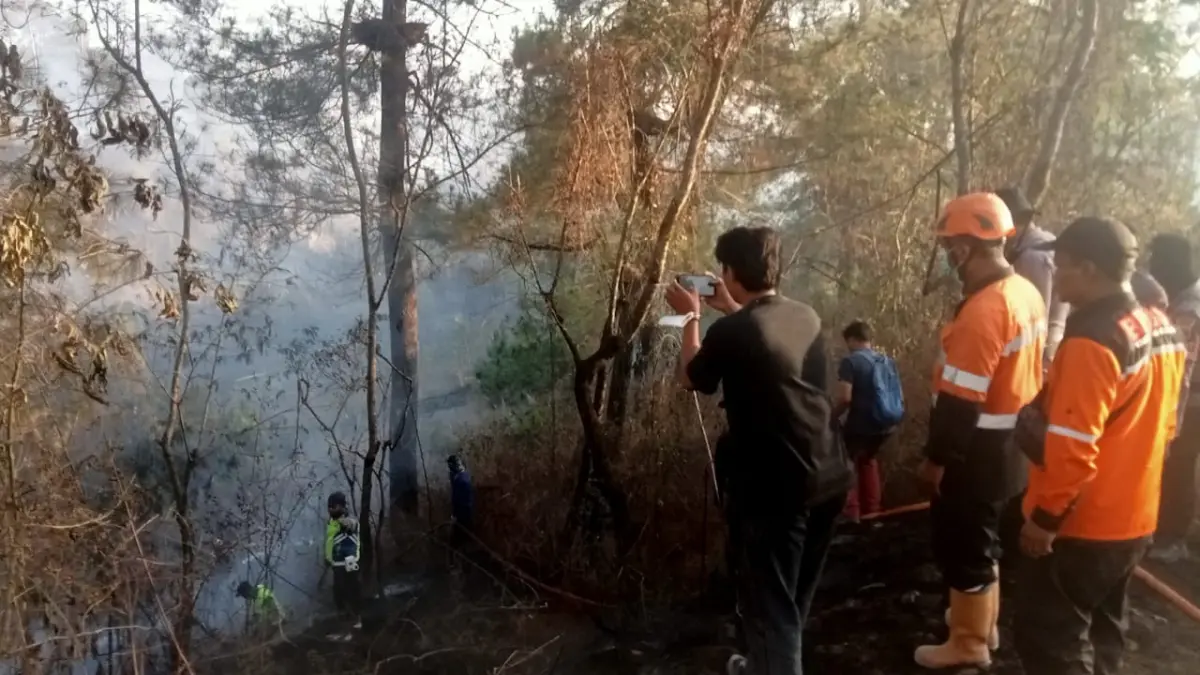 Tim gabungan berupaya memadamkan api yang melalap kawasan TNGM Jurang Jero, Selasa (22/9).