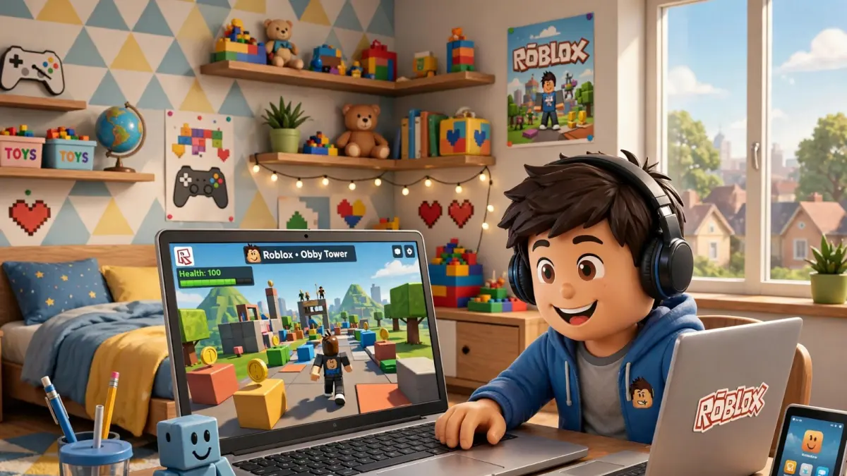 Ilustrasi anak sedang bermain gim Roblox melalui perangkat digital. Ilustrasi dibuat menggunakan AI.