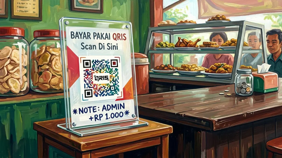 Ilustrasi pedagang menerapkan aturan pembayaran lewat QRIS yang ditambahkan beban biaya admin kepada konsumen. (AI Generated)