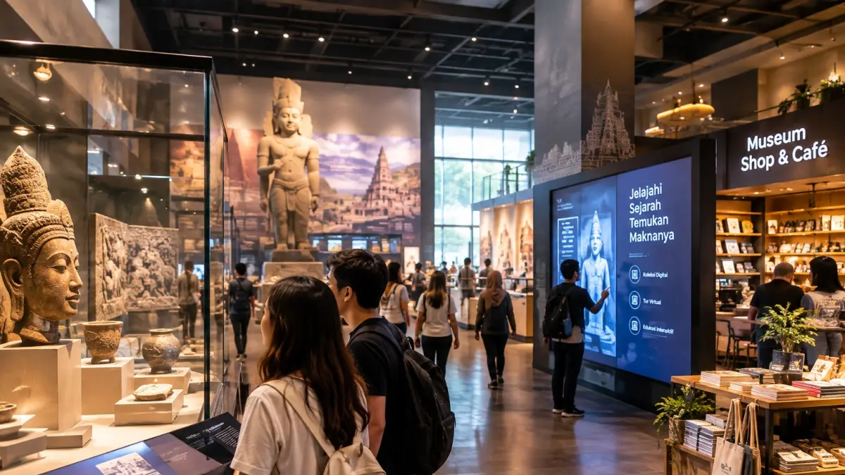 Ilustrasi pengunjung menikmati koleksi museum sebagai ruang edukasi, wisata budaya, dan pengalaman sejarah.