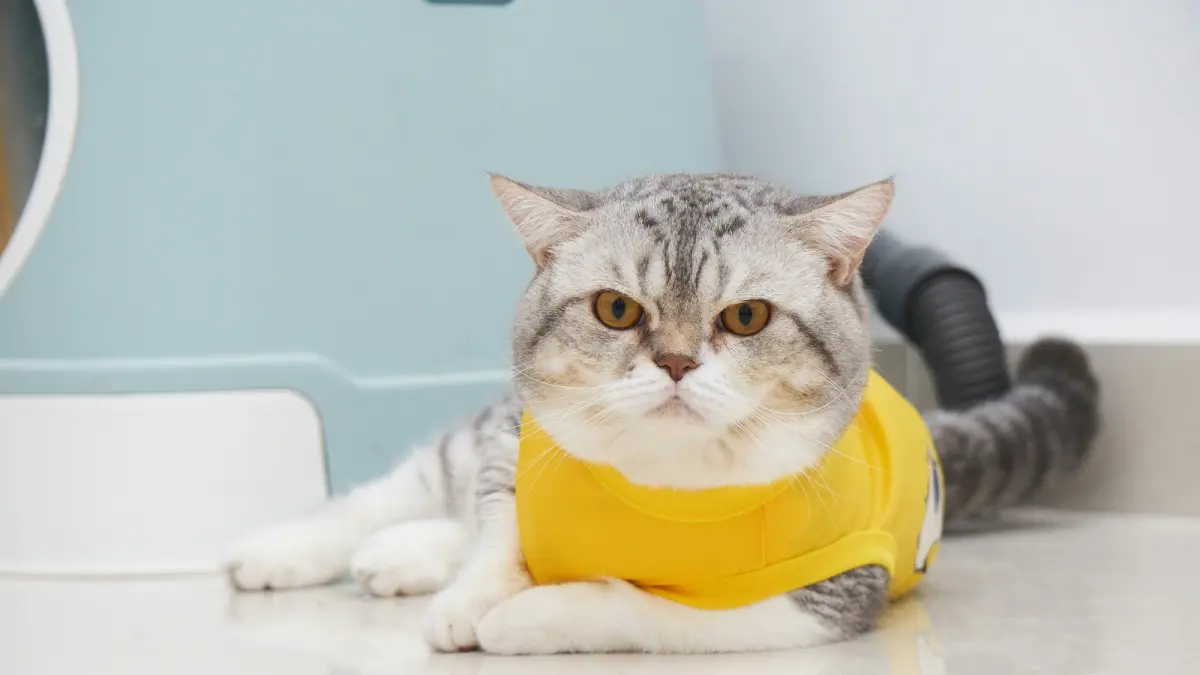 Potret kucing yang tidak nyaman karena memakai pakaian ketat yang membatasi ruang gerak mereka. (Sumber: Unsplash)