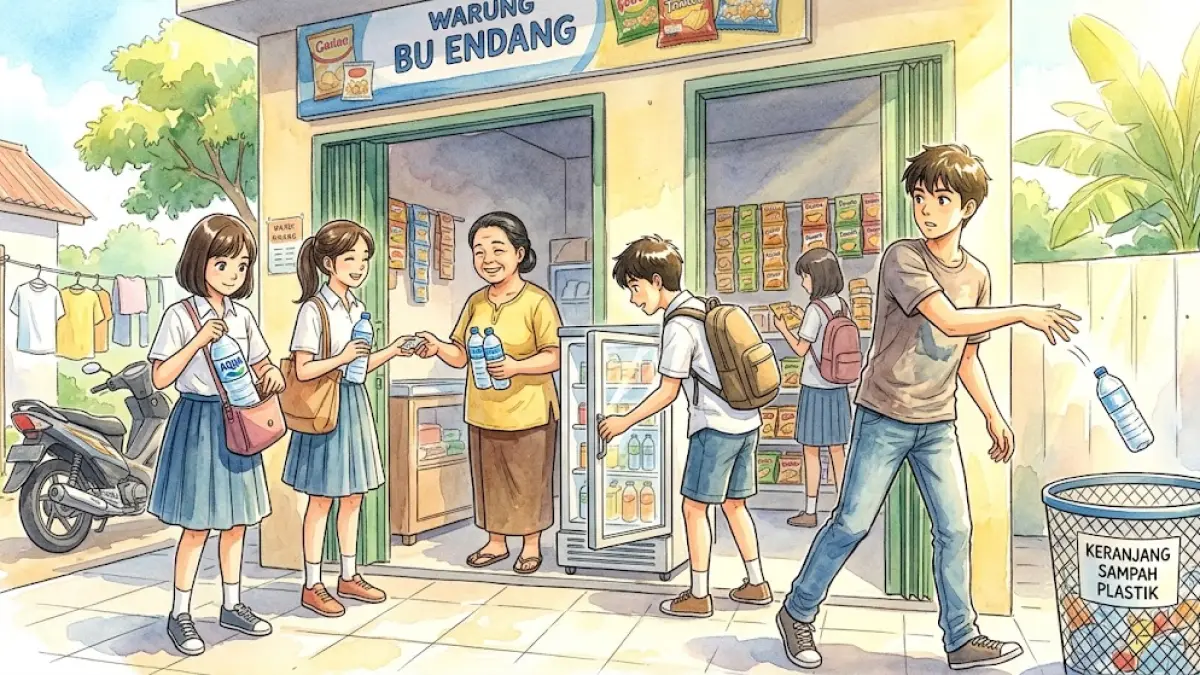 Anak kos sedang membeli air minum kemasan dalam botol di warung. (AI Generated)