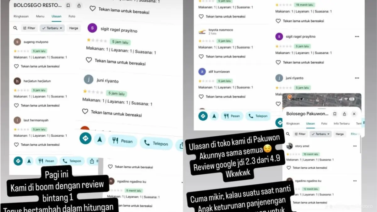 Pemilik usaha Bolosego ungkap Google Reviewnya diserbu bintang 1. (foto: kolase berbagai sumber)