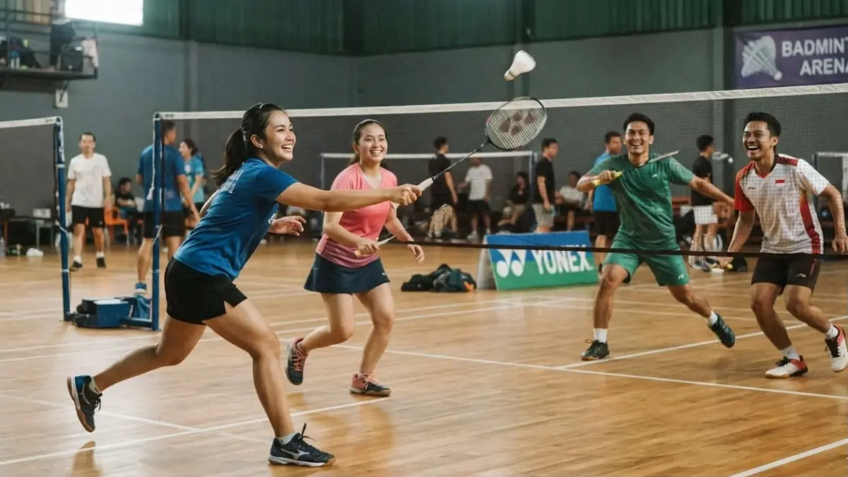 Keseruan bermain badminton bersama, olahraga yang tak lekang zaman dan jadi ajang sosialisasi anak muda. (AI)