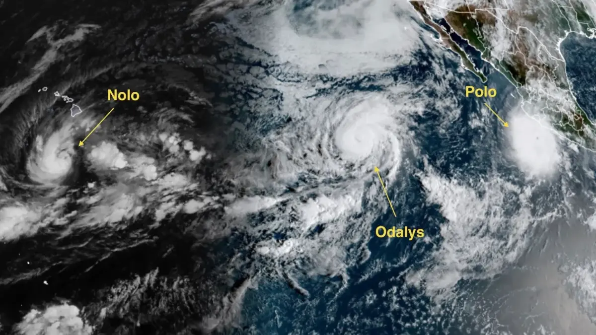 Tiga sistem badai tertangkap dalam citra satelit gelombang pada pukul 11:30 pagi EDT, Kamis, 24 September 2026. Dari kiri ke kanan, Badai Tropis Nolo di selatan Hawaii, Badai Odalys jauh dari daratan, dan Badai Besar Polo tepat di lepas pantai Pasifik Meksiko. (Sumber: Yale Climate Connections)