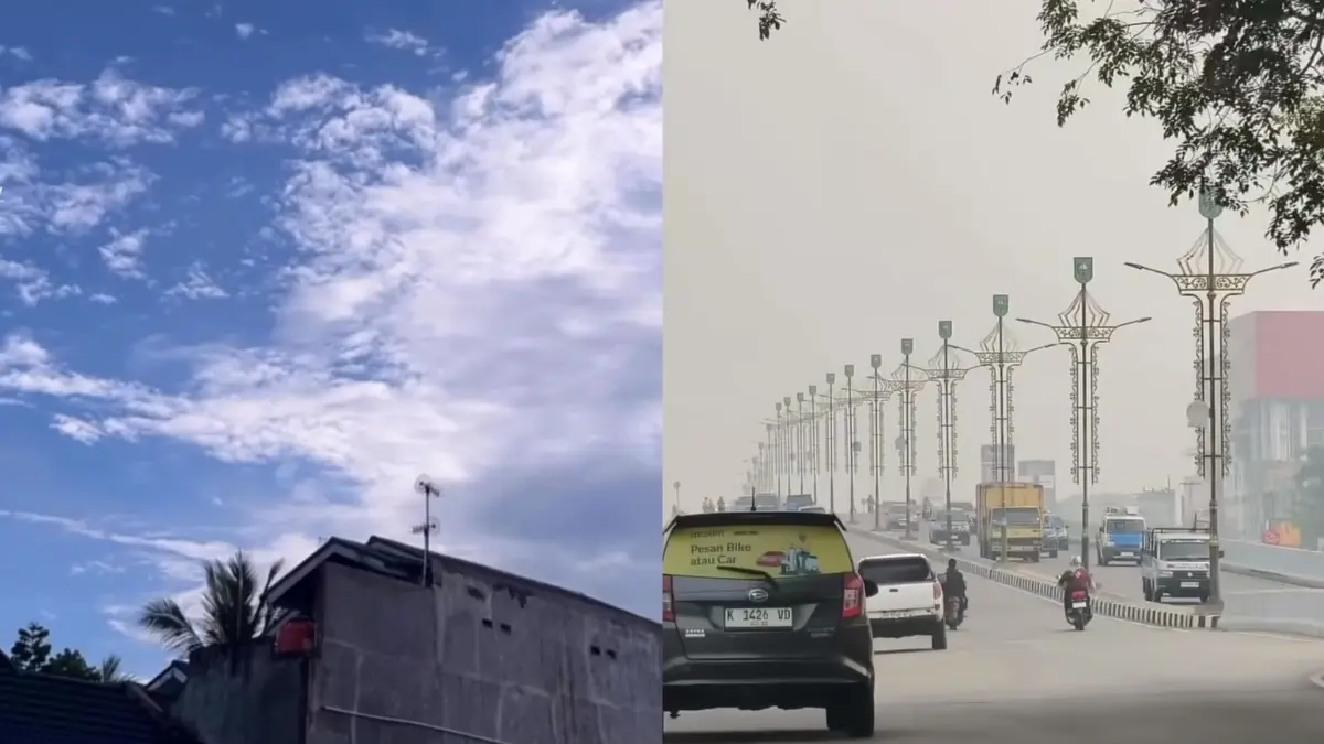 Perbandingan kondisi langit Pekanbaru, dari biru cerah pada 24 September (kiri) kembali diselimuti kabut asap tebal pada Selasa 29 September 2026 (kanan).