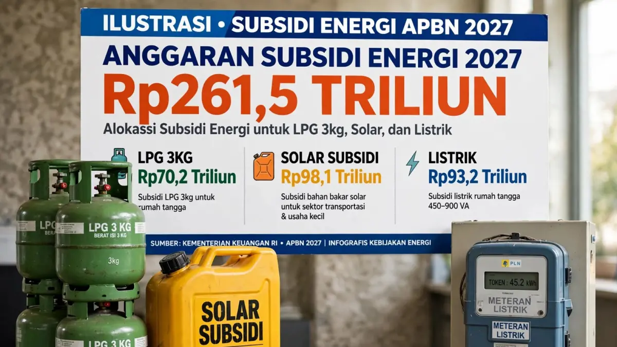 anggaran subsidi energi dalam APBN 2027 sebesar Rp261,5 triliun untuk alokasi LPG 3 kg, solar subsidi, dan listrik rumah tangga. Pemerintah dan DPR RI sepakat memangkas anggaran sebesar Rp11,44 triliun agar penyaluran lebih tepat sasaran melalui DTSEN. (Ilustrasi)