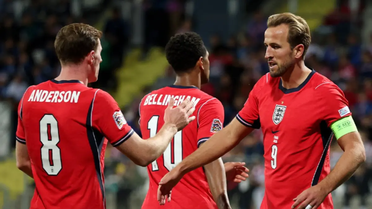Selebrasi para pemain Inggris dalam kemenangan telak melawan Kroasia di UEFA Nations League.