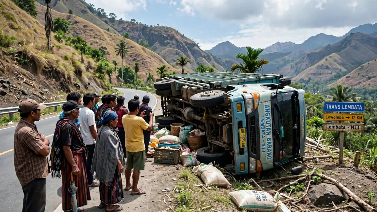 Perjalanan sejumlah warga Desa Baopana, Kecamatan Lebatukan, Kabupaten Lembata, Nusa Tenggara Timur (NTT), menuju kebun berubah menjadi petaka. Dump truck yang mereka tumpangi dilaporkan terbalik saat melewati jalan menanjak pada Selasa (6/10/2026). (Ilustrasi AI)