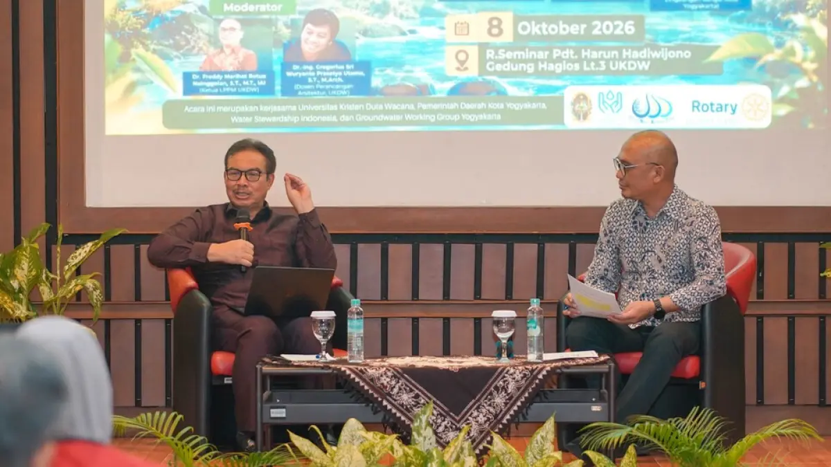Diskusi Konservasi Sungai Kota Yogyakarta di Ruang Seminar Pdt. Dr. Harun Hadiwijono UKDW, Kamis (8/10/2026).