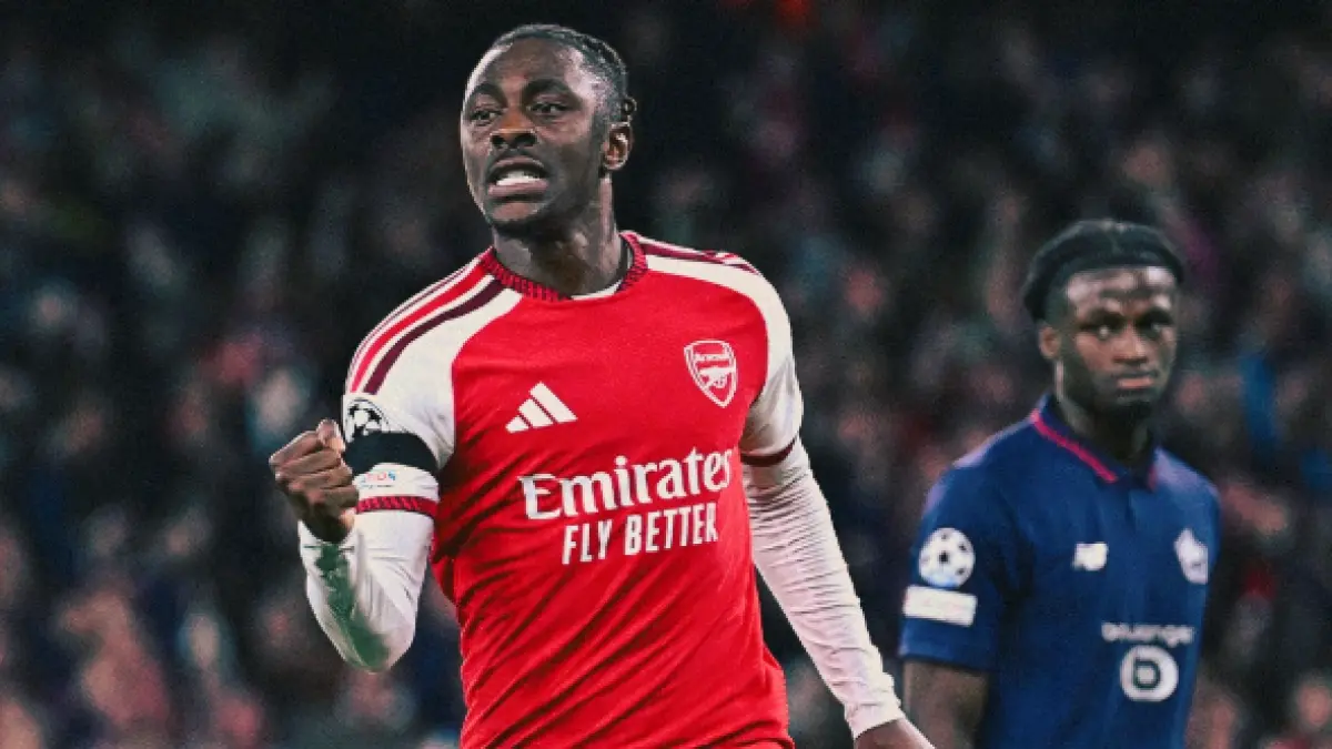 Selebrasi Eberechi Eze dalam kemenangan Arsenal atas Lille di Liga Champions.