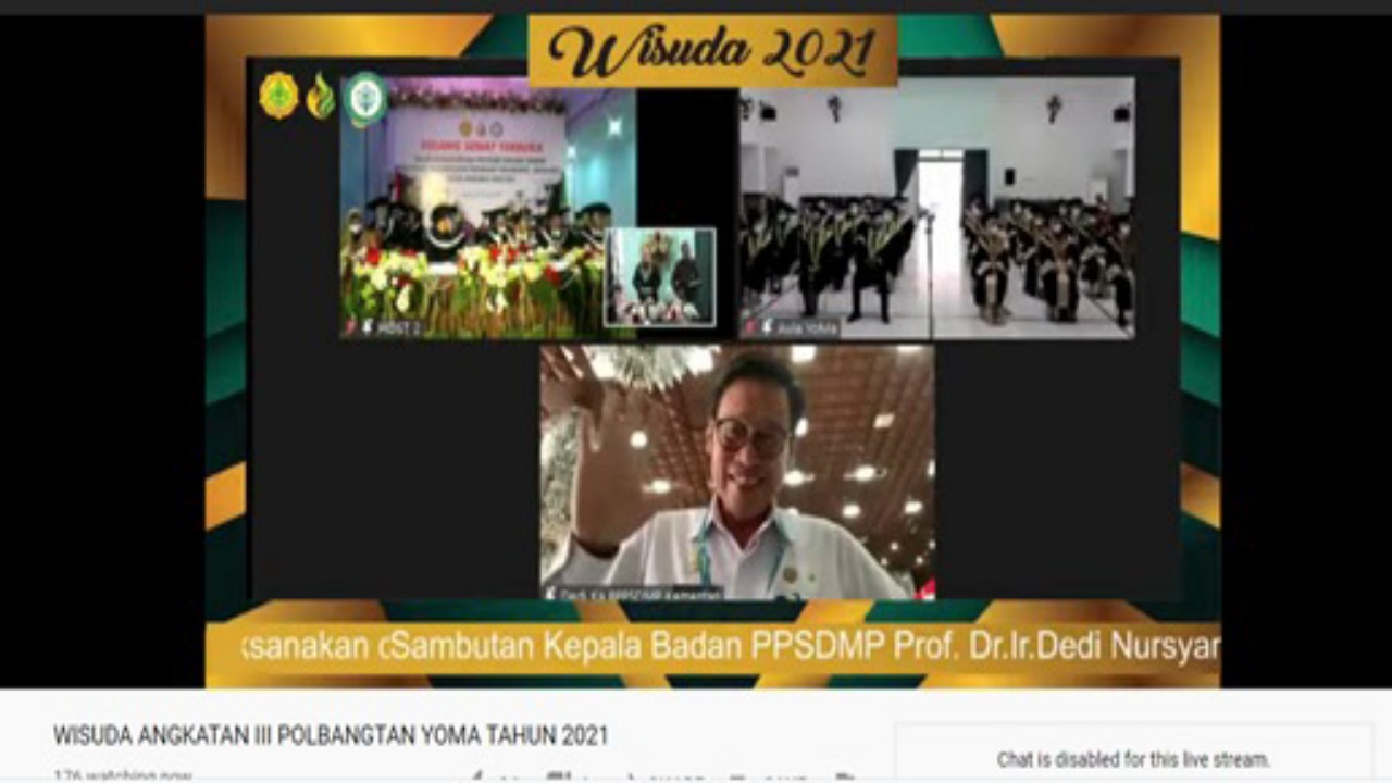 SDM UNGGUL: Tangkapan layar Zoom Meeting suasana wisuda sarjana terapan Polbangtan YoMa ketika sambutan oleh Kepala BPPSDMP Kementan Dedi Nursyamsi, Rabu (25/8/2021).