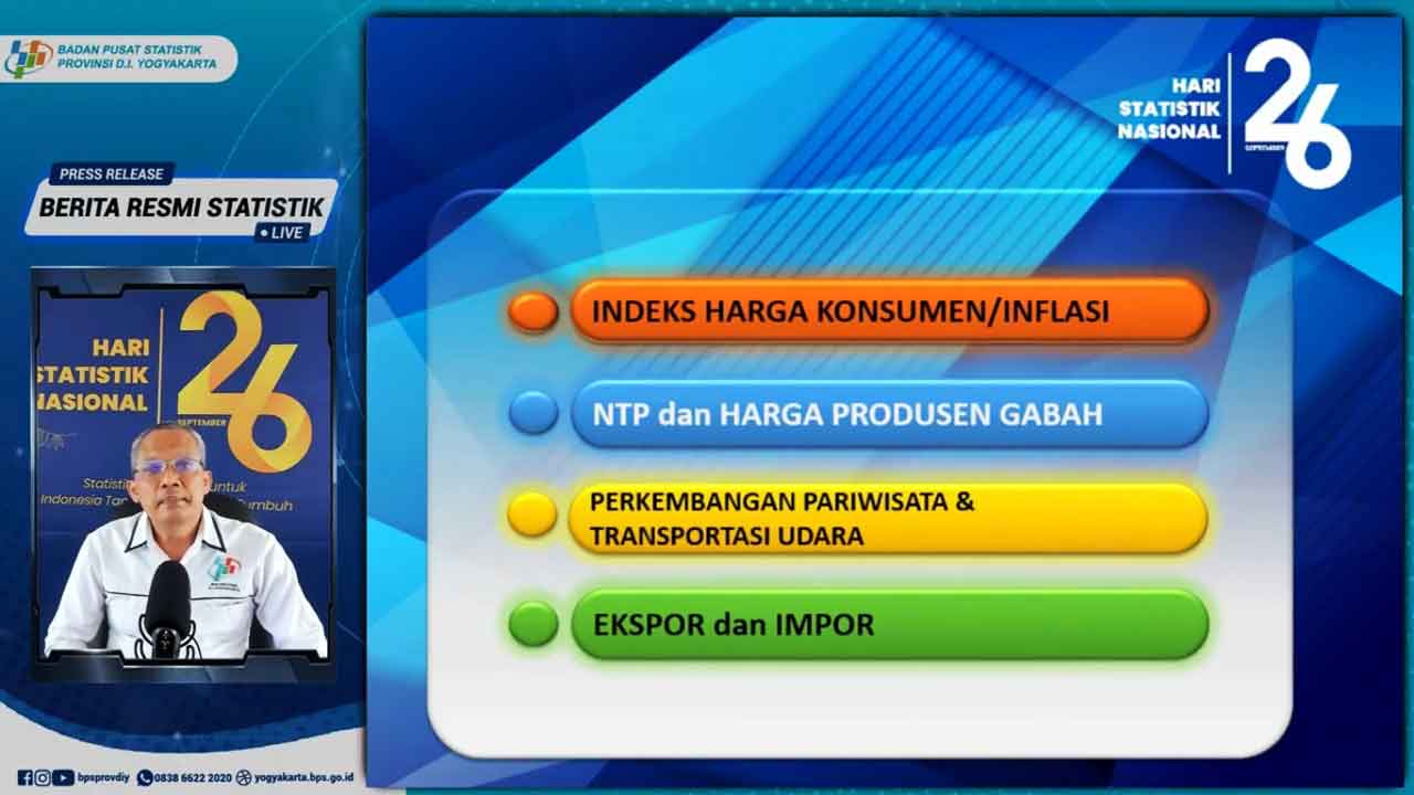 VIRTUAL: BPS Jogjakarta  press release terkait perkembangan indeks harga konsumen, nilai tukar petani, harga produsen gabah, perkembangan pariwisata dan transportasi udara, dan perkembangan ekspor impor. (FENY INDAH PUSPITASARI FOR RADAR JOGJA)