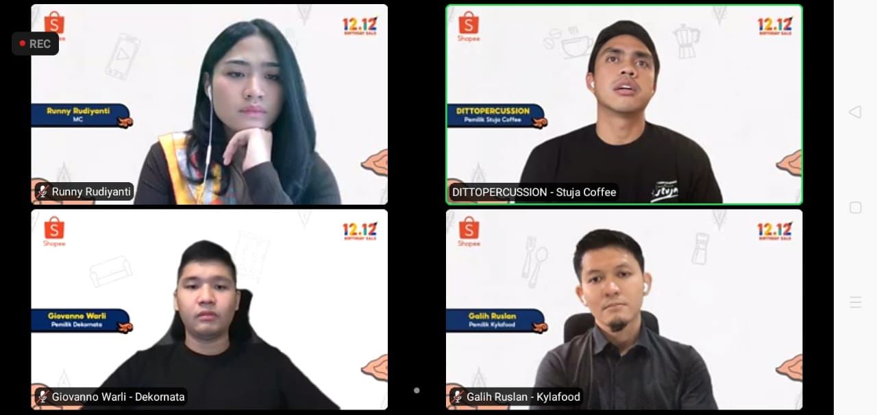 BERBAGI : Tiga pelaku usaha lokal berbagi cerita dalam webinar bertajuk Media Gathring Shope 12.12 Birthday Sale : Kreasi Produk Lokal di Era Modern, Selasa (7/12). (ARNANDA YUDHISTIRA SUKIRMAN for RADAR JOGJA)
