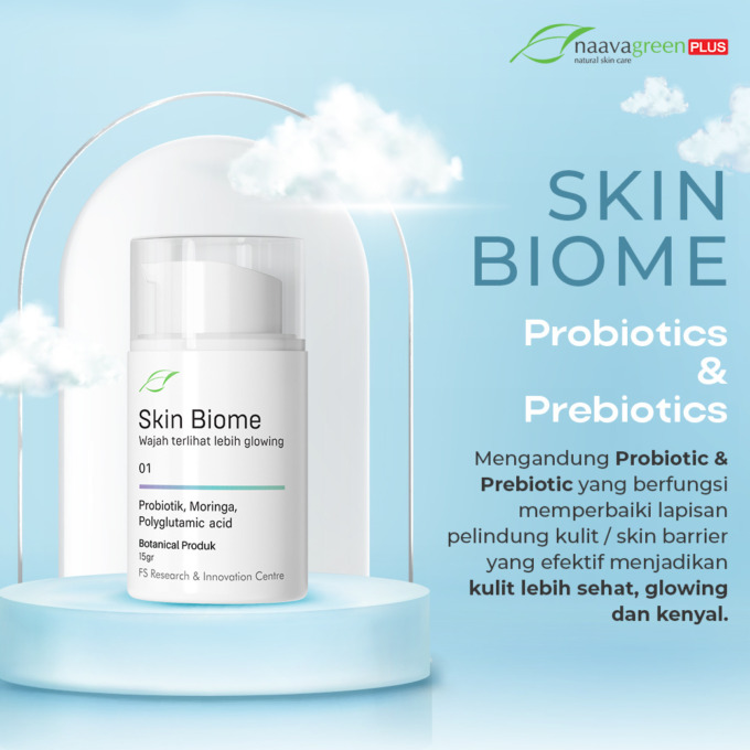 KULIT SEHAT : Naavagreen PLus Skin Biome Serum hadir dengan kandungan prebiotik dan probiotik yang berfungsi melembabkan, menstimulasi terbentuknya kolagen, mengurangi peradangan, menghaluskan dan mengenyalkan kulit dan terutama membantu menyeimbangkan da