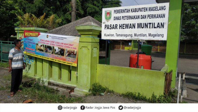 DITUTUP: Seorang warga tengah menunjukkan banner pemberitahuan bahwa pasar hewan Muntilan ditutup sementara.(NAILA NIHAYAH/RADAR JOGJA)