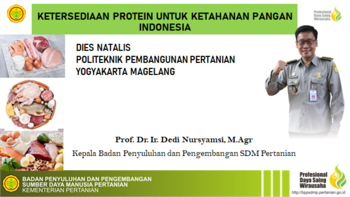 PROTEIN HEWANI: Tangkapan layar paparan Kepala BPPSDMP pada Seminar Nasional IV Politeknik Pembangunan Pertanian Yogyakarta Magelang, Rabu (22/6/2022). (NAILA NIHAYAH/RADAR JOGJA)