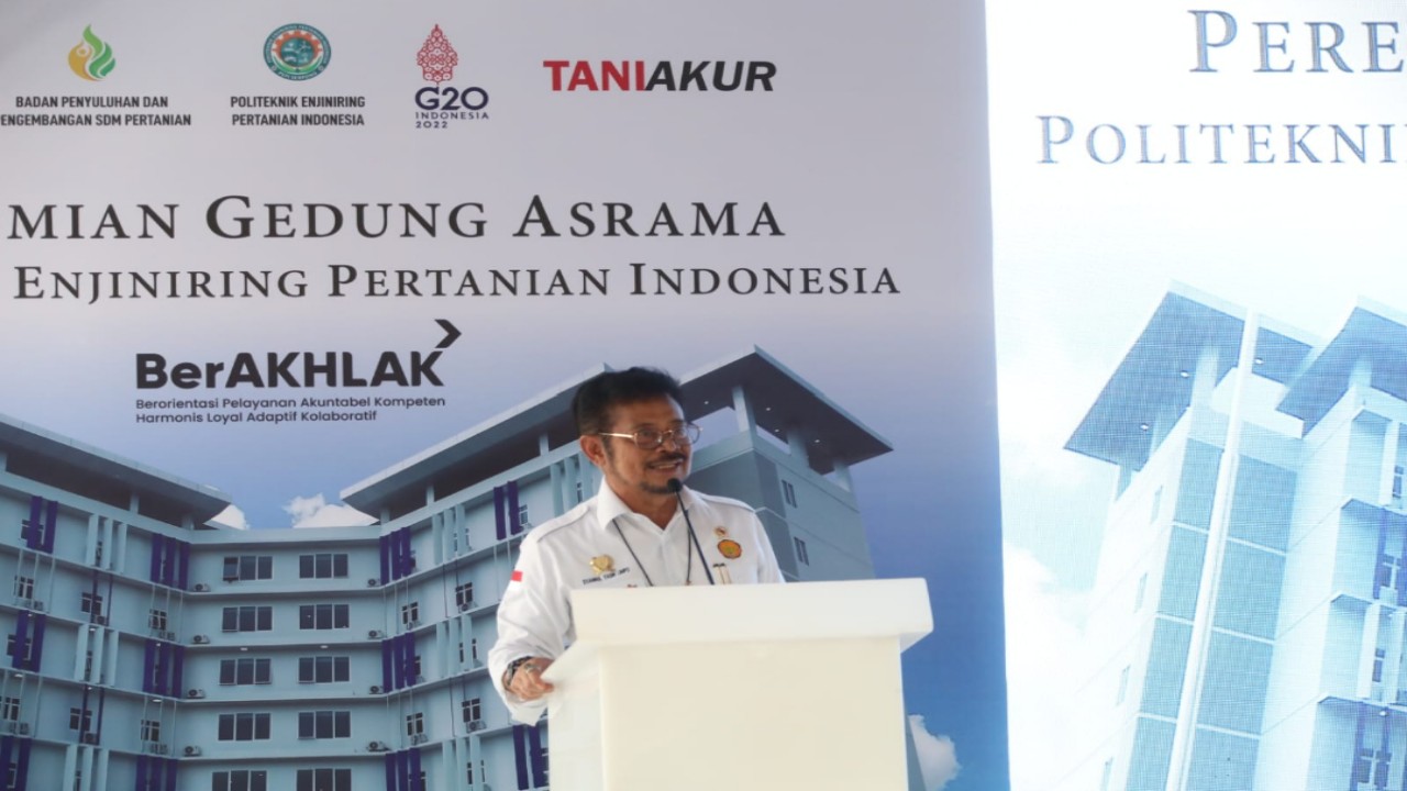 GEDUNG BARU: Menteri Pertanian Syahrul Yasin Limpo saat menyampaikan sambutan saat peresmian gedung perkuliahan dan asrama kampus PEPI di Banten, Senin (19/9/2022). (ISTIMEWA)