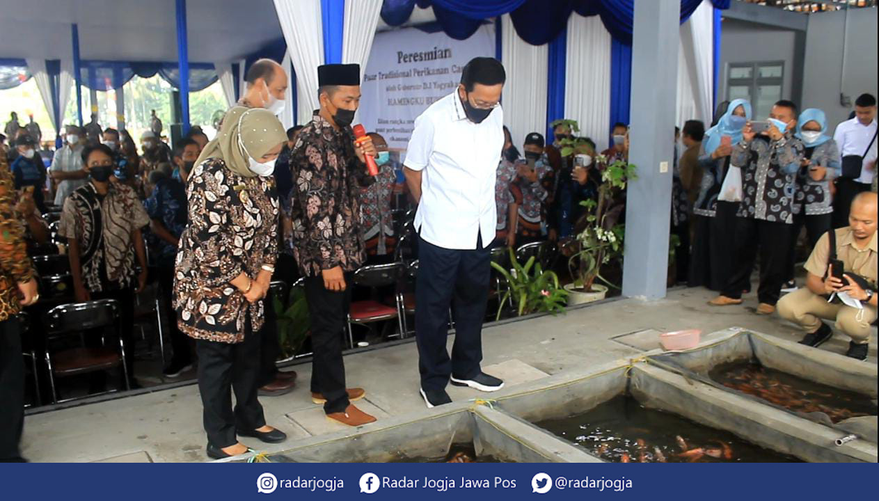 TINJAU : Gubernur DIJ Hamengkubuwono X meninjau kolam-kolam ikan di Pasar Tradisional Perikanan Cangkringan usai diresmikan, Senin (14/11). (ANNISSA KARIN/RADAR JOGJA)