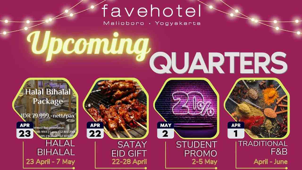 MENU: Favehotel Malioboro Jogjakarta yang terletak di Jalan I Dewa Nyoman Oka No. 30, Kotabaru, Jogjakarta kembali menghadirkan promo unggulan di kuartal kedua dari Calendar Event 2023. (FAVEHOTEL FOR RADAR JOGJA)