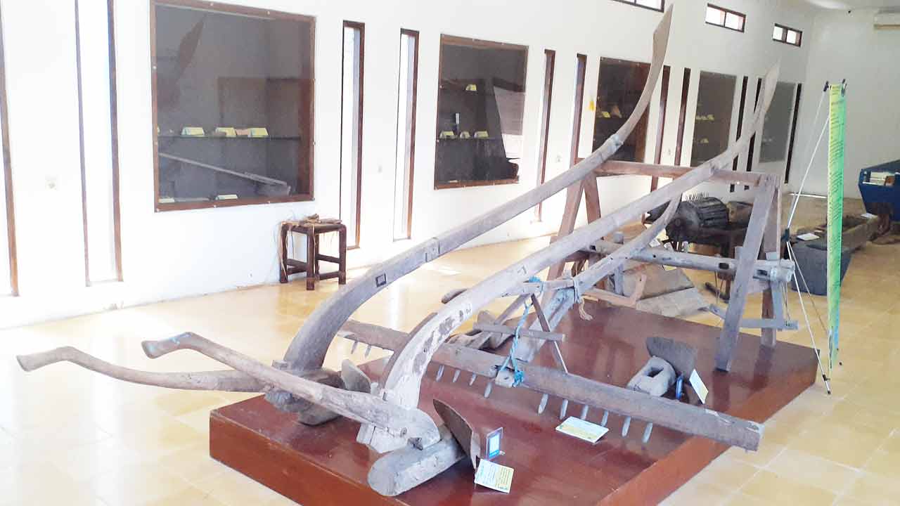 BANYAK KOLEKSI: Rahayu Liyantini dan penampakan luku di Museum Tani Jawa yang berlokasi di Padukuhan Candran, Kebonagung, Imogiri, Bantul. (IWAN NURWANTO/RADAR JOGJA)