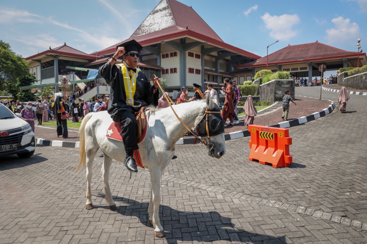 UNIK : Endra Harsaya atau yang lebih dikenal dengan nama Hendro Pleret, 60, melakoni wisuda S2 UGM dengan menunggang kuda putih, Rabu (10/5). (UGM for RADAR JOGJA)